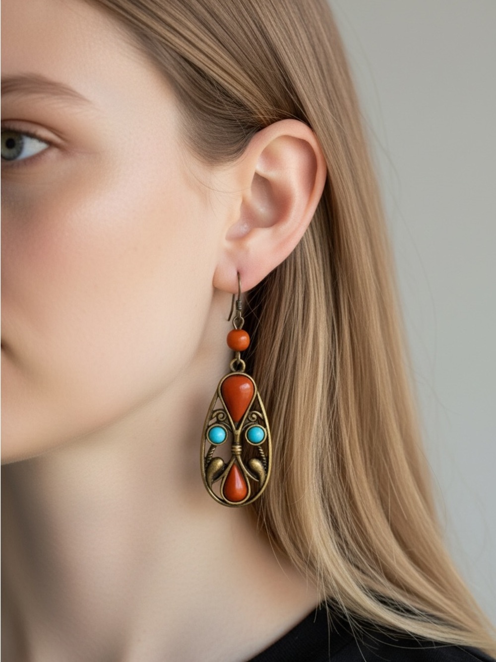 10/25 Bohemian Teardrop Dangle Earrings in Orange and Turquoise